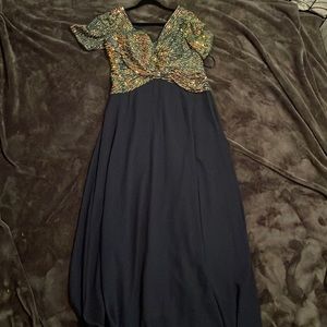 NWOT Shein Curve 0XL Blue Long Formal/Wedding Dress with Gold Sequence